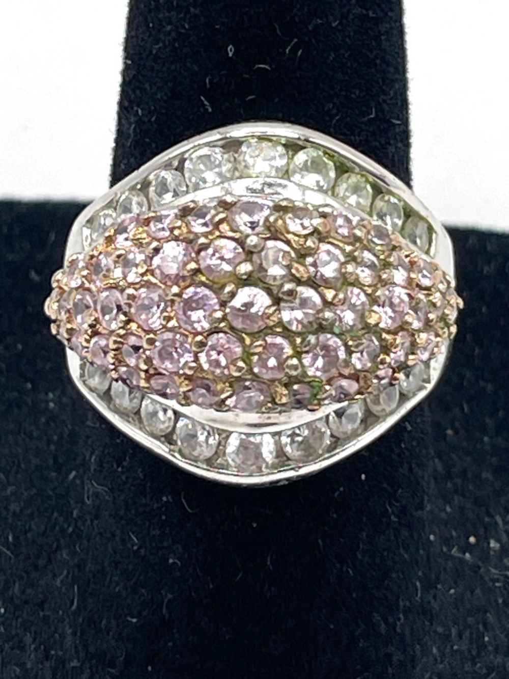 Sterling 925 Clear Pink Pave Rhinestone Domed Cocktail Ring 6 1/4